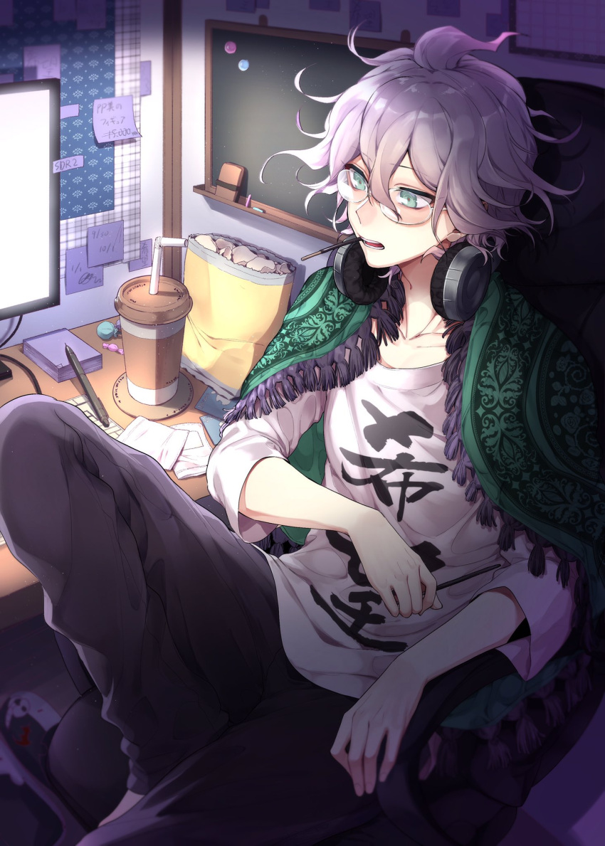 1boy ahoge black_pants chair chips collarbone commentary_request cup dangan_ronpa drinking_straw eyebrows_visible_through_hair food glasses green_eyes hair_between_eyes headphones headphones_around_neck highres holding in_mouth indoors keyboard_(computer) knee_up komaeda_nagito male_focus medium_hair messy_hair monokuma nanin notes pants pen pocky screen shirt sitting solo super_dangan_ronpa_2 teeth translation_request white_hair white_shirt