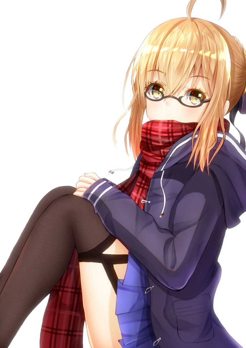 1girl absurdres ahoge artoria_pendragon_(all) black-framed_eyewear black_legwear black_ribbon blonde_hair blue_coat blue_skirt coat fate/grand_order fate_(series) from_side garter_straps glasses hair_ribbon hand_on_own_knee highres hood hood_down hooded_coat looking_at_viewer miniskirt mitsu336 mysterious_heroine_x_(alter) open_clothes open_coat plaid plaid_scarf pleated_skirt red_scarf ribbon scarf semi-rimless_eyewear shiny shiny_hair short_hair_with_long_locks sidelocks simple_background sitting skirt solo thigh-highs under-rim_eyewear white_background yellow_eyes