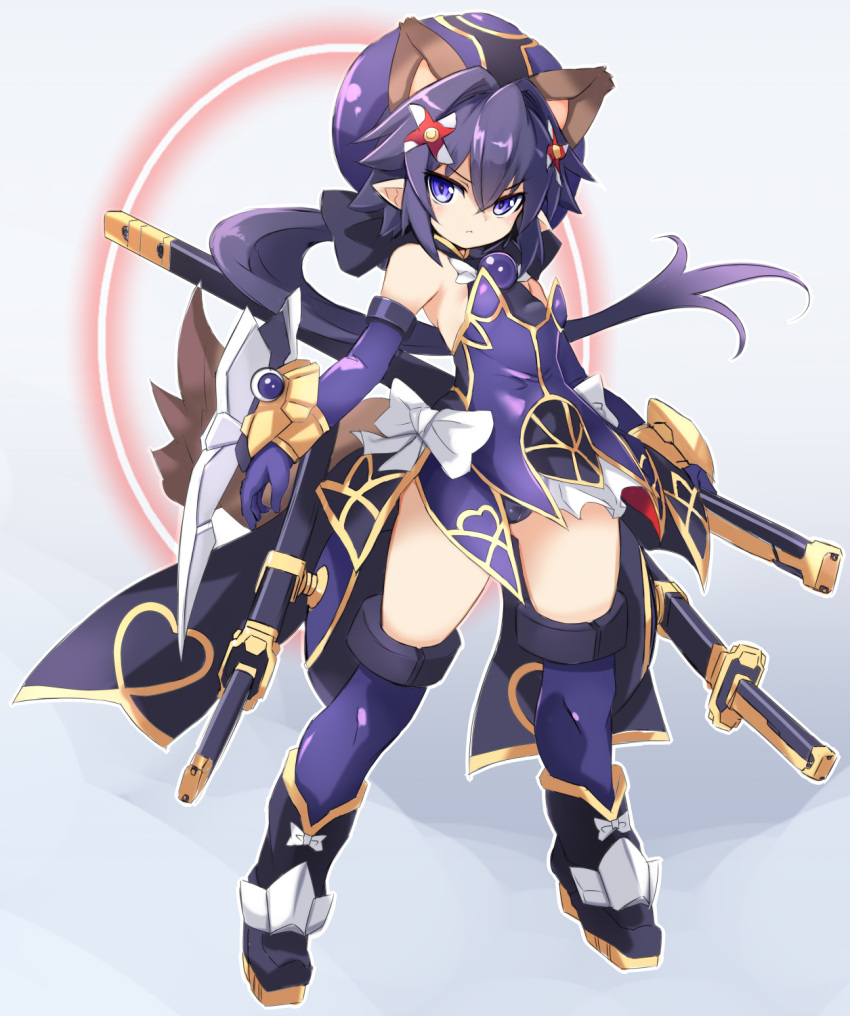 1girl :&lt; animal_ears bangs bare_shoulders black_bow black_footwear boots bow character_request closed_mouth commentary_request elbow_gloves eyebrows_visible_through_hair full_body gloves hair_between_eyes hair_bow hair_intakes hair_ornament hat highres karukan_(monjya) katana leotard long_hair low_ponytail ponytail purple_gloves purple_hair purple_headwear purple_legwear purple_leotard sheath sheathed shinrabanshou solo standing sword thigh-highs very_long_hair violet_eyes weapon white_bow