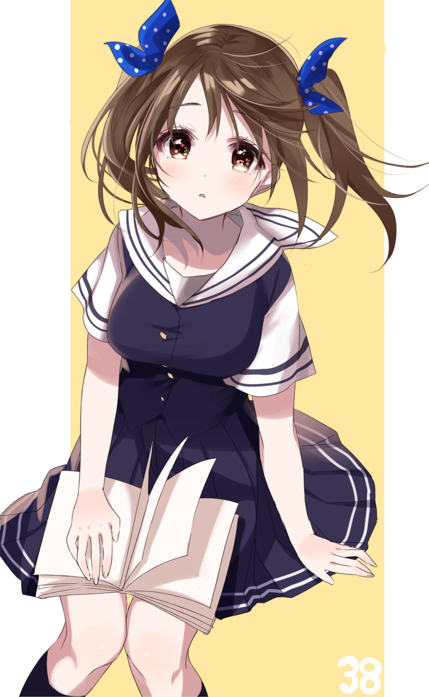 1girl arm_support bangs beige_background black_legwear black_skirt black_vest blue_ribbon blush book brown_eyes brown_hair eyebrows_visible_through_hair fingernails hair_between_eyes hair_ribbon highres idolmaster idolmaster_cinderella_girls imai_kana kneehighs looking_at_viewer misumi_(macaroni) open_book parted_lips pleated_skirt polka_dot_ribbon ribbon sailor_collar school_uniform serafuku shirt short_sleeves sitting skirt solo twintails two-tone_background vest white_background white_sailor_collar white_shirt