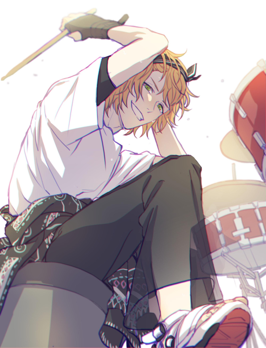 1boy absurdres cymbals drum drum_set drumsticks green_eyes grin highres idolmaster idolmaster_side-m instrument long_sleeves looking_at_viewer male_focus orange_hair see-through shirt shoes simple_background smile sneakers solo sweatband t-shirt teeth wakazato_haruna white_background white_shirt yampopo