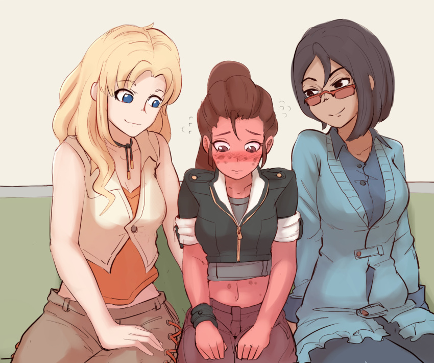 3girls black_hair blonde_hair blush brown_eyes couch embarrassed freckles girl_sandwich ilia_amitola multiple_girls navel parody rwby sandwiched saphron_cotta_arc smile terra_cotta_arc wife_and_wife yancon yuri