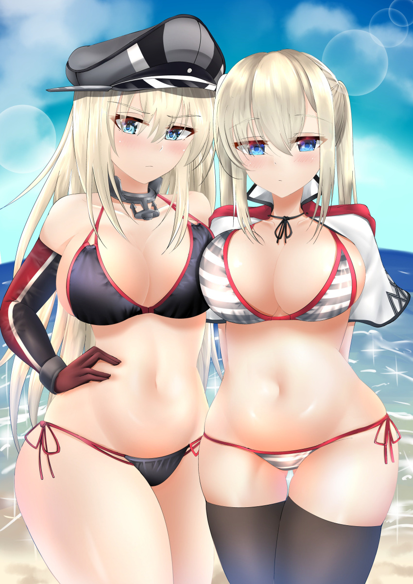 2girls absurdres balut-man beach bikini bismarck_(kantai_collection) black_bikini black_legwear blonde_hair blue_eyes blue_sky breasts brown_gloves capelet clouds collarbone commentary_request cowboy_shot day detached_sleeves gloves graf_zeppelin_(kantai_collection) hair_between_eyes hand_on_hip hat highres horizon kantai_collection large_breasts lens_flare long_hair looking_at_viewer military_hat multiple_girls navel ocean outdoors peaked_cap side-tie_bikini sidelocks sky sparkle striped striped_bikini swimsuit thigh-highs twintails