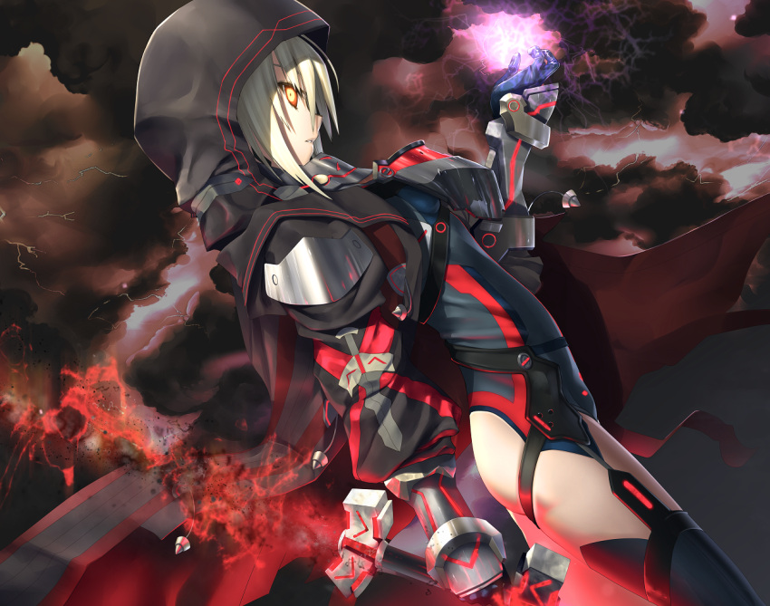 1girl artoria_pendragon_(all) ass black_cloud black_legwear black_leotard blonde_hair breastplate clouds cloudy_sky coat dark_excalibur dutch_angle fate/grand_order fate_(series) from_side gauntlets glowing glowing_sword glowing_weapon hand_up holding holding_sword holding_weapon hood hood_up kawanakajima leotard lightning looking_at_viewer mysterious_heroine_x_(alter) orange_eyes outdoors parted_lips pauldrons profile sidelocks sky solo sword thigh-highs thighs weapon