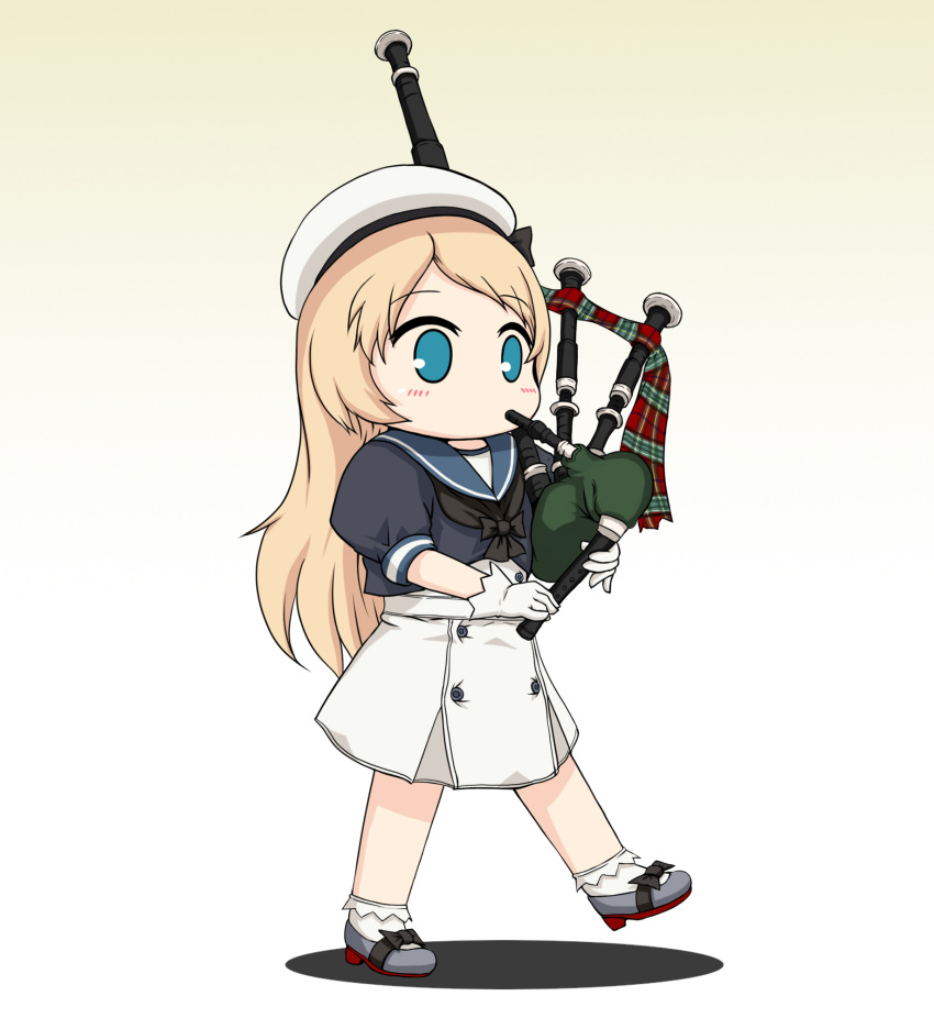 1girl bagpipes blonde_hair blue_eyes blue_sailor_collar commentary_request dress frilled_legwear full_body gloves gradient gradient_background grey_background hat highres instrument jervis_(kantai_collection) kantai_collection long_hair marching sailor_collar sailor_dress sailor_hat short_sleeves solo standing white_dress white_gloves white_headwear yakuto007