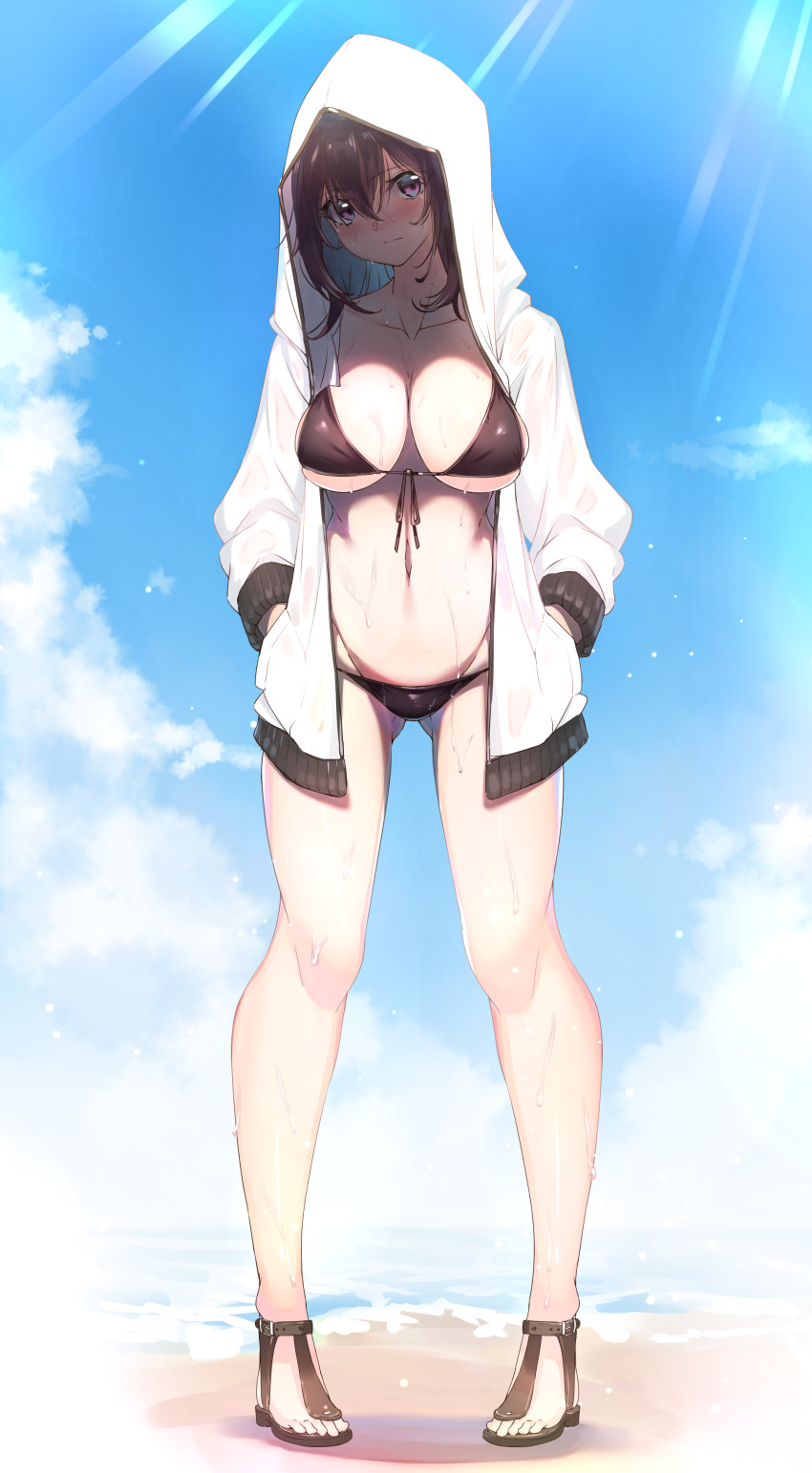 1girl absurdres bangs beach bikini black_bikini black_hair blush breasts collarbone front-tie_top hands_in_pockets highres hood hoodie large_breasts looking_at_viewer open_clothes open_hoodie original sandals short_hair sky solo standing swimsuit violet_eyes yamanokami_eaka