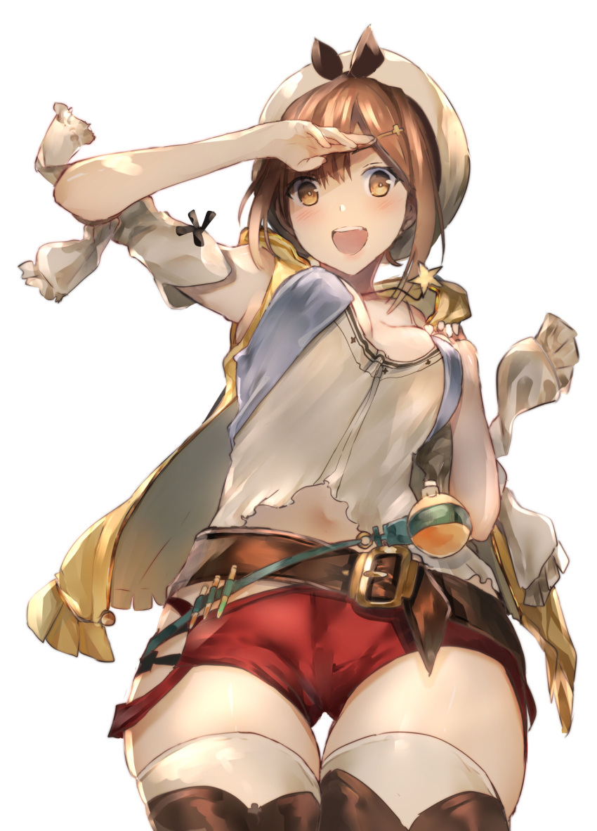 1girl :d araido_kagiri atelier_(series) atelier_ryza belt breasts brown_eyes brown_hair character_request commentary_request cowboy_shot detached_sleeves flask hair_ornament hairclip hat highres looking_at_viewer medium_breasts open_mouth red_shorts reisalin_stout short_shorts shorts simple_background smile solo star thigh-highs thigh_gap upper_teeth white_background