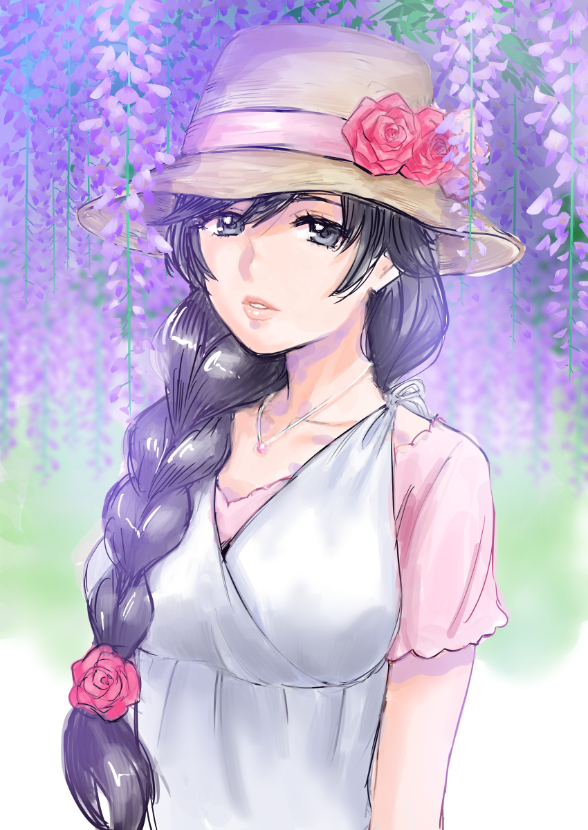 1girl absurdres actas_(studio) alternate_hairstyle bangs beautiful black_eyes black_hair blurry blurry_background braid brown_headwear casual closed_mouth commentary depth_of_field dress flower girls_und_panzer hair_flower hair_ornament hair_over_one_eye hat hat_flower highres hisaki isuzu_hana jewelry lips long_hair looking_at_viewer media_factory necklace parted_lips petals pink_shirt plant red_flower red_rose rose shirt short_sleeves single_braid solo standing tokyo_mx upper_body white_dress