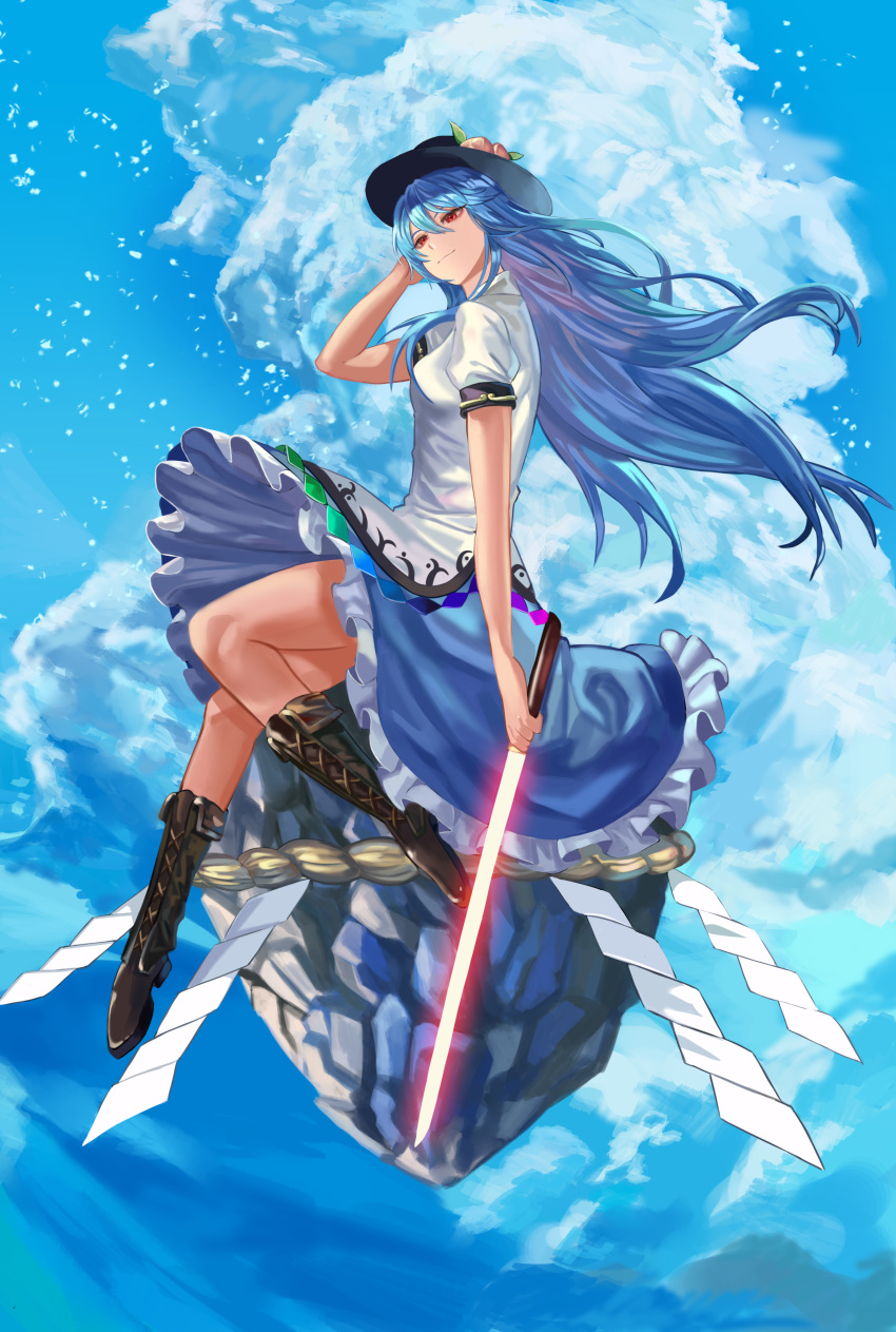 1girl absurdres blue_hair blue_sky boots clouds food frilled_skirt frills fruit full_body grin hand_in_hair hat highres hinanawi_tenshi keystone light_smile long_hair peach red_eyes reki_(user_rcrd4534) sitting skirt sky smile solo sword sword_of_hisou touhou weapon