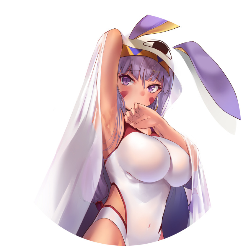 1girl animal_ears armpits bangs blunt_bangs blush breasts covered_navel dark_skin earrings eyebrows_visible_through_hair facial_mark fate/grand_order fate_(series) highres hoop_earrings jackal_ears jewelry large_breasts long_hair low-tied_long_hair nitocris_(fate/grand_order) nitocris_(swimsuit_assassin)_(fate) one-piece_swimsuit purple_hair simple_background solo suigetsu_(hjs1106) swimsuit violet_eyes white_background white_swimsuit