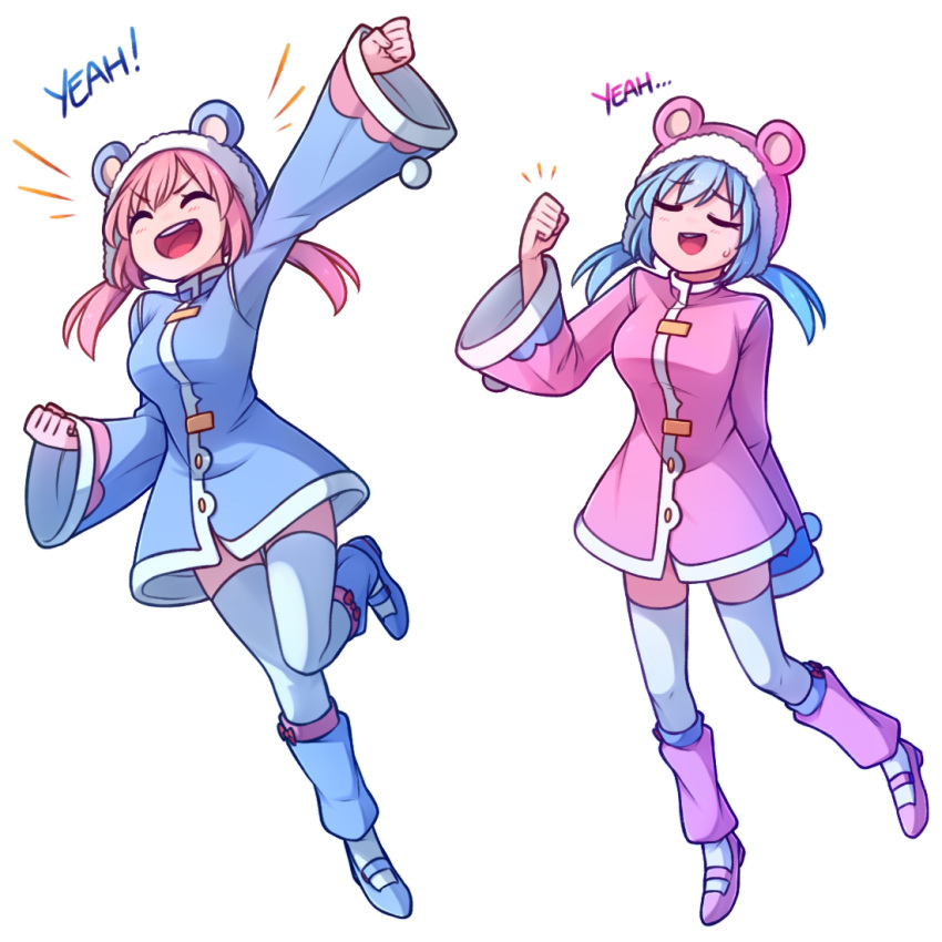 2girls :d ^_^ animal_hood arm_up bangs blue_coat blue_footwear blue_hair bow clenched_hands closed_eyes english_text eyebrows_visible_through_hair fang fur-trimmed_hood hand_up hood leg_warmers long_hair long_sleeves low_twintails multiple_girls nieve_(rabi_ribi) nixie_(rabi_ribi) open_mouth pink_coat pink_footwear pink_hair pom_pom_(clothes) rabi-ribi shoes siblings sisters smile speckticuls sweatdrop thigh-highs transparent_background twintails upper_teeth v-shaped_eyebrows white_legwear wide_sleeves