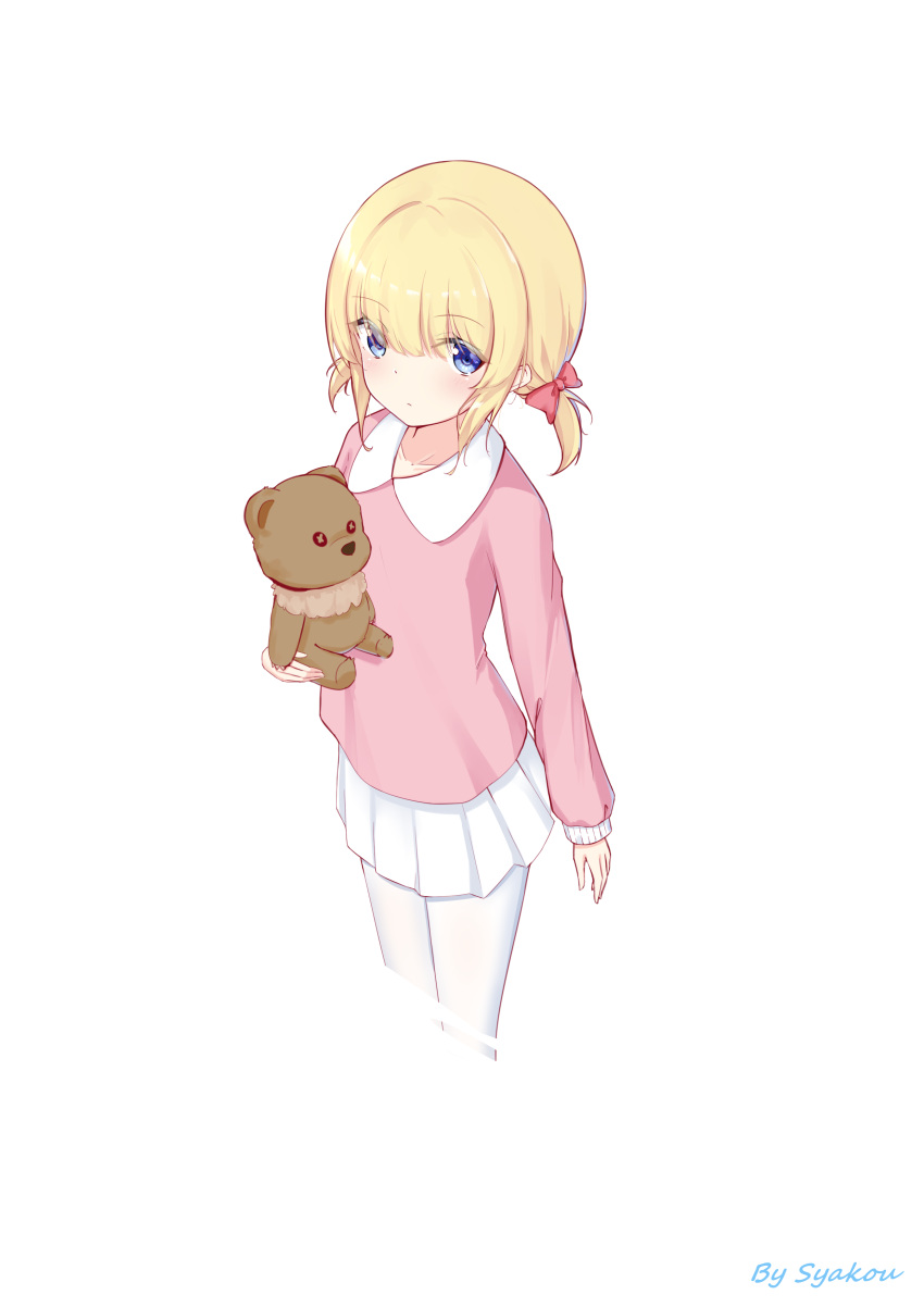 1girl absurdres blonde_hair blue_eyes bow hair_bow highres original pantyhose pink_shirt ribbon shirt short_hair simple_background skirt solo stuffed_animal stuffed_toy syakou teddy_bear twintails white_background white_legwear white_skirt