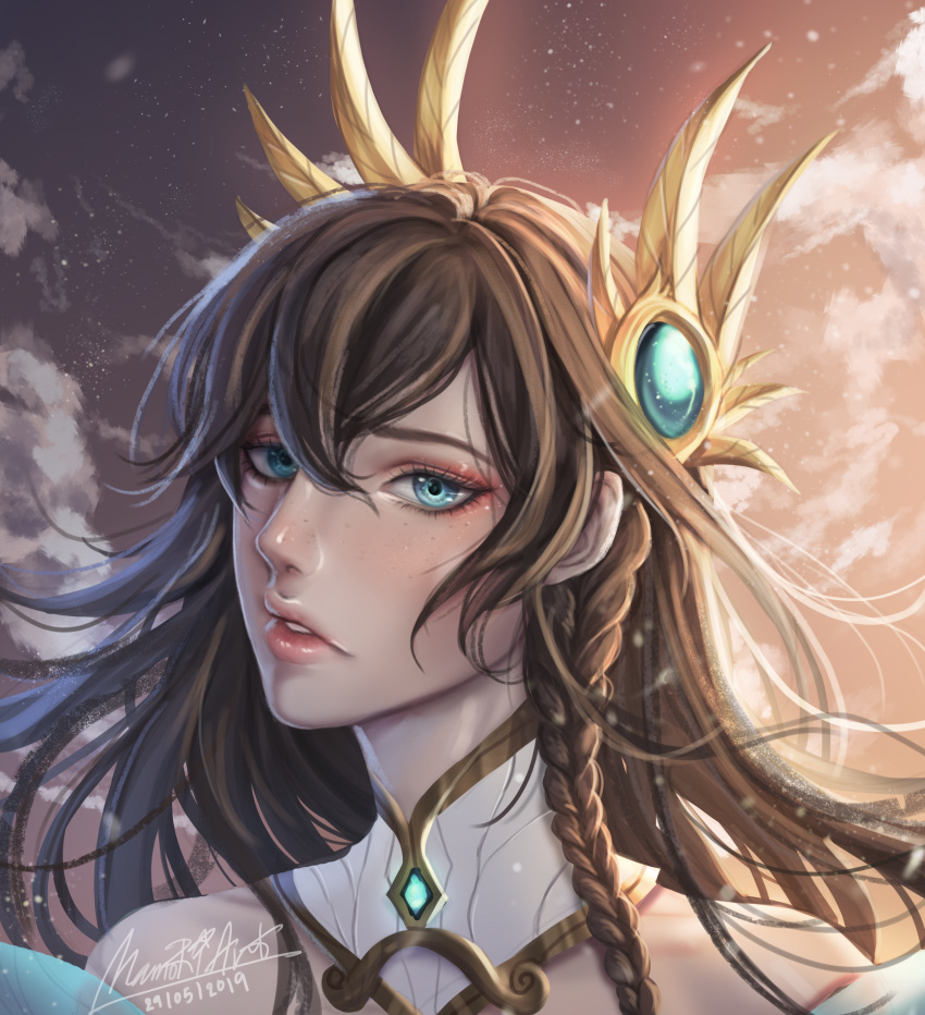1girl absurdres artist_name black_hair blue_eyes braid brown_sky clouds collar dated day detached_collar hair_between_eyes hair_ornament highres irelia league_of_legends long_hair looking_at_viewer mamori outdoors parted_lips portrait solo