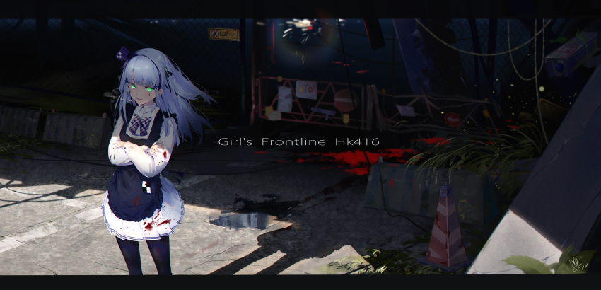 1girl absurdres bangs black_legwear blood bloody_clothes blue_hair blue_hairband caution_tape chain-link_fence character_name cigarette collared_shirt commentary_request copyright_name crossed_arms eyebrows_visible_through_hair fence girls_frontline glowing glowing_eyes green_eyes hair_ornament hairband highres hk416_(girls_frontline) keep_out long_hair long_sleeves mouth_hold no_entry_sign pantyhose parted_lips pleated_skirt puddle security_camera shadow shirt skirt smoke smoking solo sparks standing water white_shirt white_skirt yamano_(yamanoh)