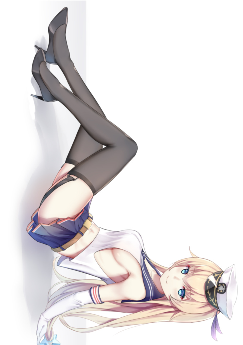 1girl absurdres armpits belt black_footwear black_legwear blonde_hair blue_eyes blue_sailor_collar blue_skirt breasts closed_mouth commentary_request elbow_gloves enterprise_(warship_girls_r) from_side garter_straps gei_daipf gloves hat hat_feather high_heels highres legs_up long_hair looking_at_viewer looking_to_the_side low-tied_long_hair medium_breasts miniskirt navel peaked_cap pleated_skirt sailor_collar school_uniform serafuku shirt sideboob skirt sleeveless sleeveless_shirt smile solo thigh-highs top-down_bottom-up very_long_hair warship_girls_r white_gloves white_headwear white_shirt
