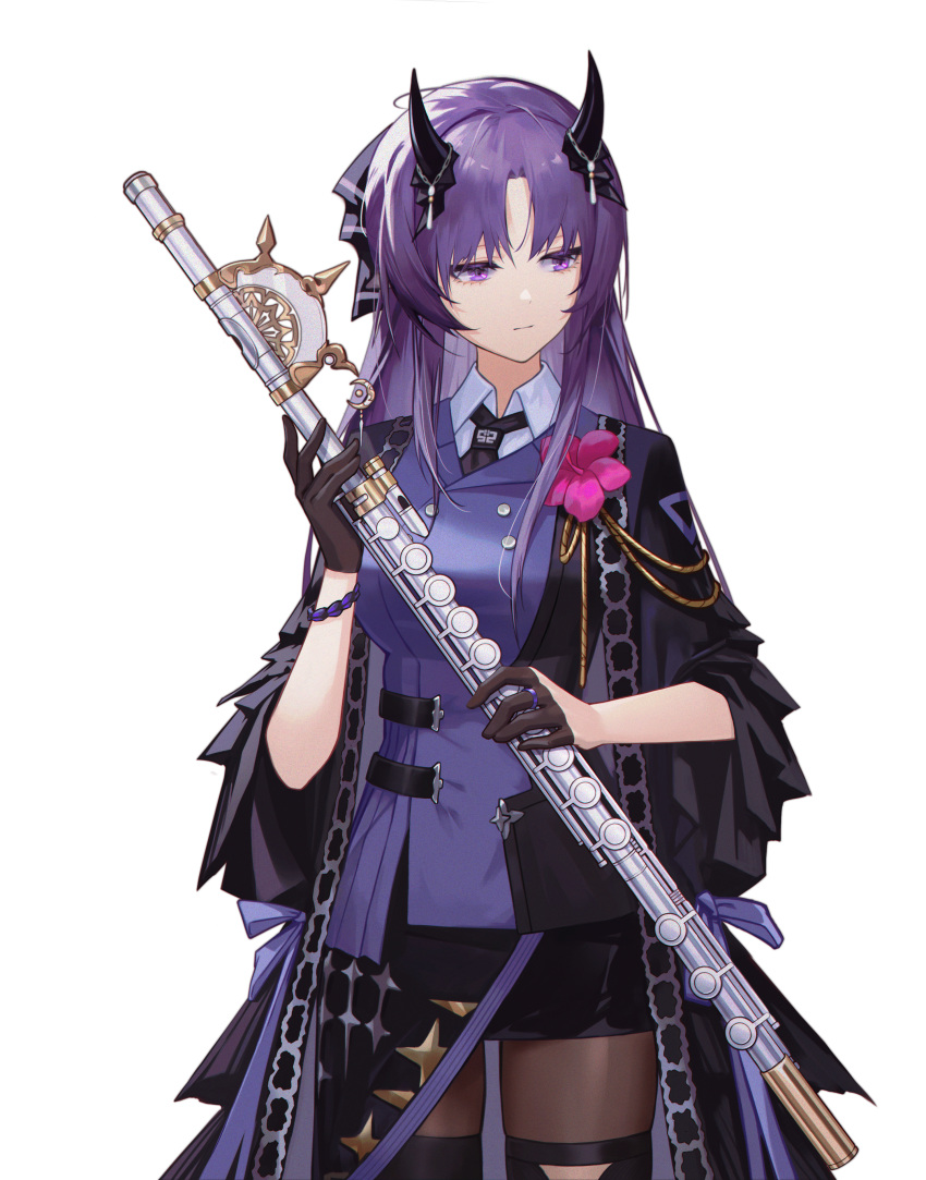 1girl absurdres arknights ash-c bangs black_coat black_shorts brown_legwear coat commentary_request cowboy_shot flute hibiscus_(arknights) hibiscus_the_purifier_(arknights) highres holding holding_instrument horns instrument legwear_under_shorts long_hair long_sleeves open_clothes open_coat pantyhose purple_hair purple_shirt shirt shorts simple_background solo standing violet_eyes white_background