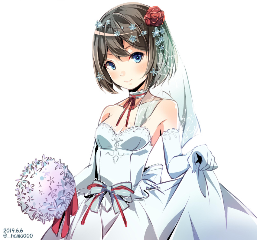 1girl alternate_costume blue_eyes bouquet breasts bridal_veil brown_hair choker commentary_request dated dress dress_lift elbow_gloves flower gloves hair_flower hair_ornament hama_(_hama000) highres kantai_collection lifted_by_self looking_at_viewer maya_(kantai_collection) red_flower rose short_hair simple_background small_breasts smile solo twitter_username veil wedding_dress white_background white_dress white_gloves