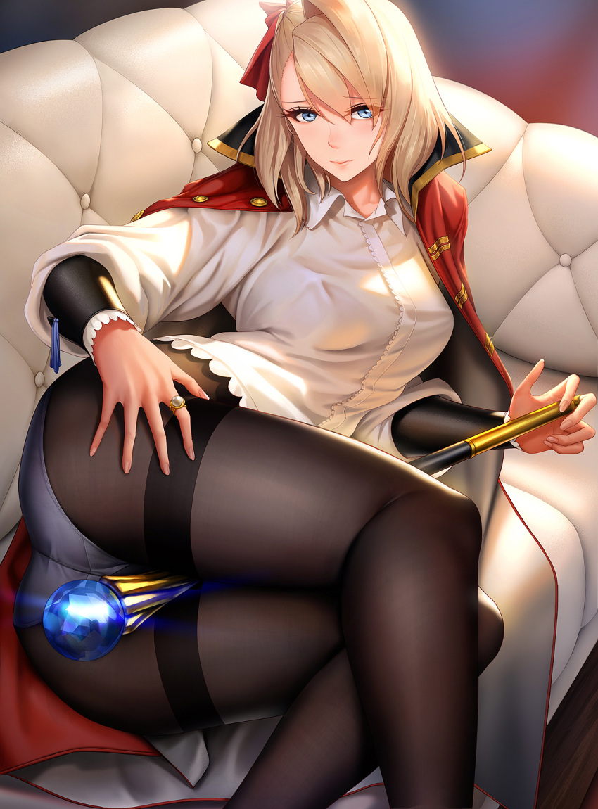 ass between_legs black_legwear blonde_hair blue_eyes character_request collared_shirt commentary_request couch crotch_seam hand_on_own_ass highres jacket_on_shoulders jewelry looking_at_viewer lying obaoba_(monkeyix) on_side panties panties_under_pantyhose pantyhose ring scepter seijo_senki shirt underwear white_shirt
