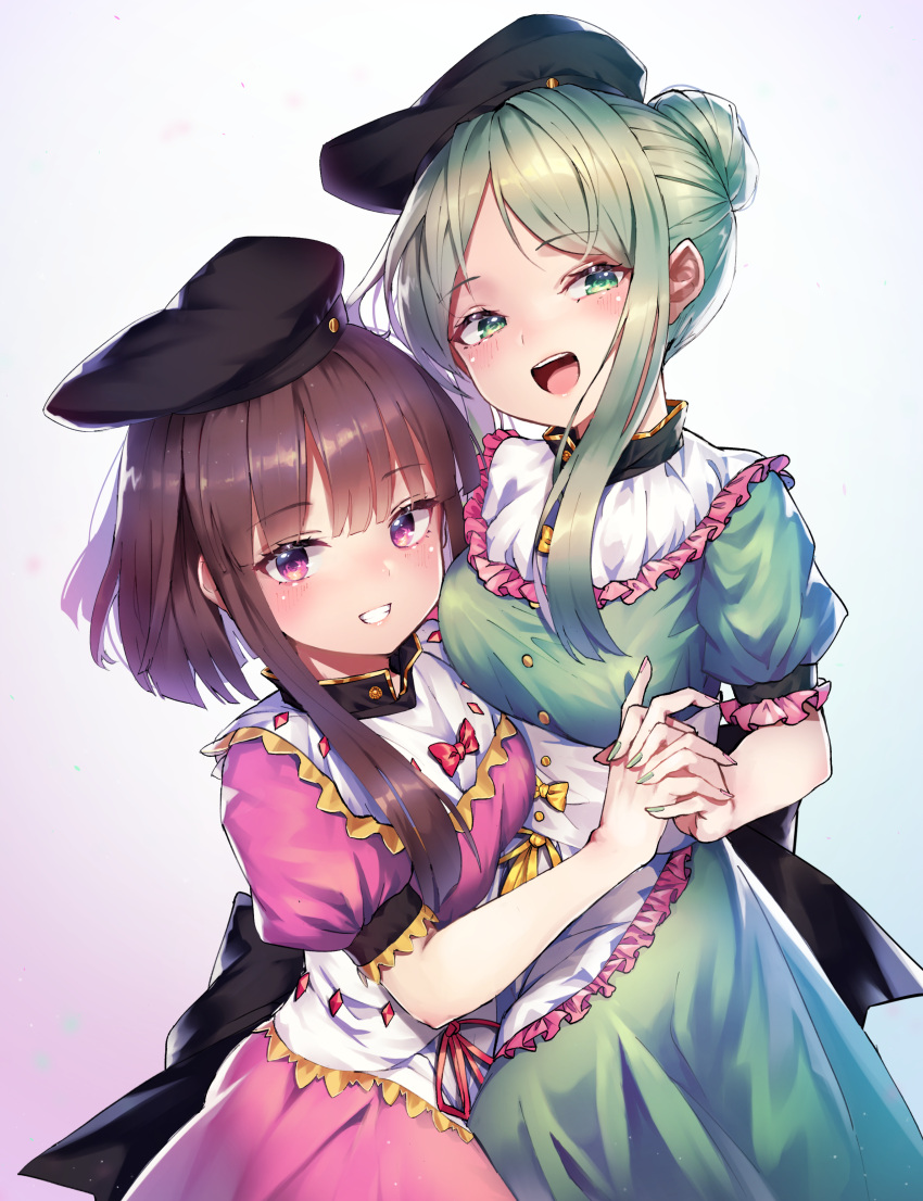 2girls :d absurdres apron bangs black_headwear blush bow breasts brown_hair cowboy_shot dress eyebrows_visible_through_hair frilled_shirt_collar frills gradient gradient_background green_dress green_eyes green_hair green_nails grey_background grin hair_bun hat head_tilt highres holding_hands looking_at_viewer medium_breasts multiple_girls nail_polish nishida_satono open_mouth pink_background pink_dress pink_nails puffy_short_sleeves puffy_sleeves purple_background pyonsuke_(pyon2_mfg) red_bow red_ribbon ribbon short_hair short_hair_with_long_locks short_sleeves sidelocks smile teireida_mai tied_hair touhou violet_eyes waist_apron white_apron yellow_bow yellow_ribbon