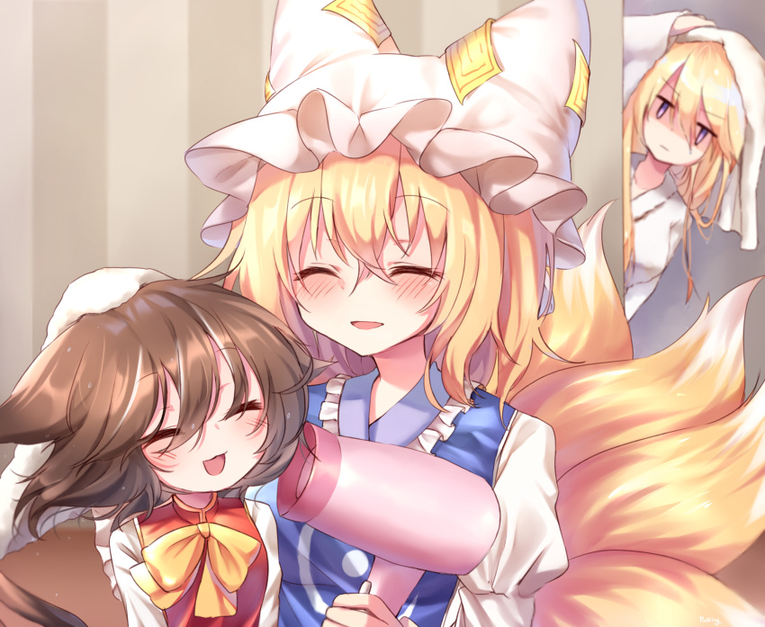 3girls :3 absurdres animal_ears blonde_hair blurry blush bow brown_hair cat_ears cat_tail chen chinese_clothes closed_eyes commentary_request depth_of_field dress drying drying_hair floating_hair fox_tail hair_bow hair_down hair_dryer hat hat_ribbon highres indoors jitome long_sleeves looking_at_another mob_cap multiple_girls multiple_tails open_mouth peeping pillow_hat pudding_(skymint_028) puffy_long_sleeves puffy_sleeves purple_dress red_vest ribbon shirt short_hair tabard tail touhou towel towel_on_head two_tails upper_body vest violet_eyes wet wet_hair white_dress white_shirt wide_sleeves yakumo_ran yakumo_yukari yellow_neckwear