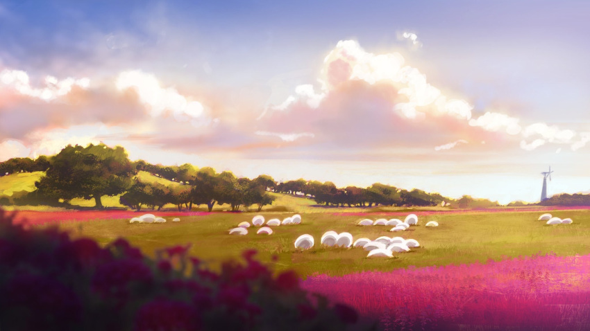 blue_sky blurry_foreground clouds day flower grass highres hill ilya_kuvshinov landscape nature no_humans original outdoors scenery sky tree windmill