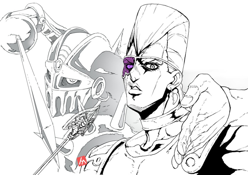 1boy arrow choker commentary earrings eyepatch highres jean_pierre_polnareff jewelry jojo_no_kimyou_na_bouken looking_at_viewer machida_shin'ichi signature silver_chariot spot_color stand_(jojo) sword vento_aureo weapon white_background