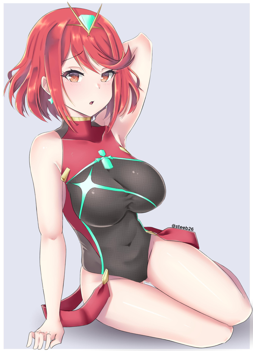 1girl absurdres armpits arms_up bangs blush breasts competition_swimsuit covered_navel earrings eyebrows_visible_through_hair gem grey_background hair_ornament headpiece highres pyra_(xenoblade) jewelry large_breasts one-piece_swimsuit open_mouth pose red_eyes redhead simple_background sitting solo steeb26 swept_bangs swimsuit tiara xenoblade_(series) xenoblade_2