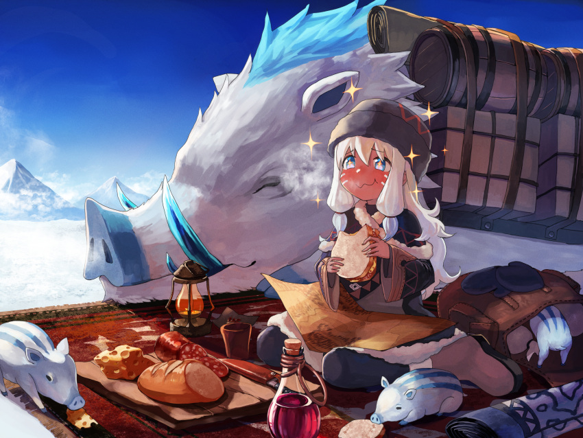 +_+ 1girl animal blue_eyes blue_hair blush boar bread cheese closed_mouth dark_skin day eyebrows_visible_through_hair facial_mark food highres holding holding_food long_hair looking_away map moutama multicolored_hair original outdoors sitting smile snow sparkling_eyes two-tone_hair wariza white_hair