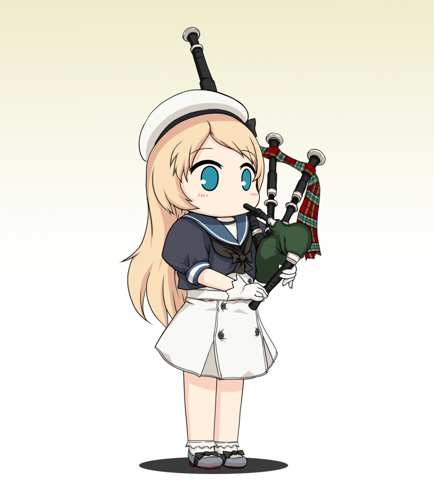 1girl bagpipes blonde_hair blue_eyes blue_sailor_collar commentary_request dress frilled_legwear full_body gloves gradient gradient_background grey_background hat highres instrument jervis_(kantai_collection) kantai_collection long_hair sailor_collar sailor_dress sailor_hat short_sleeves solo standing white_dress white_gloves white_headwear yakuto007