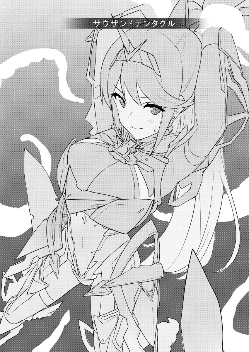 1girl absurdres armor arms_up baffu breasts elbow_gloves eyebrows_visible_through_hair gem gloves greyscale hair_ornament headpiece highres jewelry large_breasts long_hair looking_at_viewer monochrome nervous pantyhose pneuma_(xenoblade) ponytail solo spoilers sweat sweatdrop thigh-highs tiara translated very_long_hair xenoblade_(series) xenoblade_2