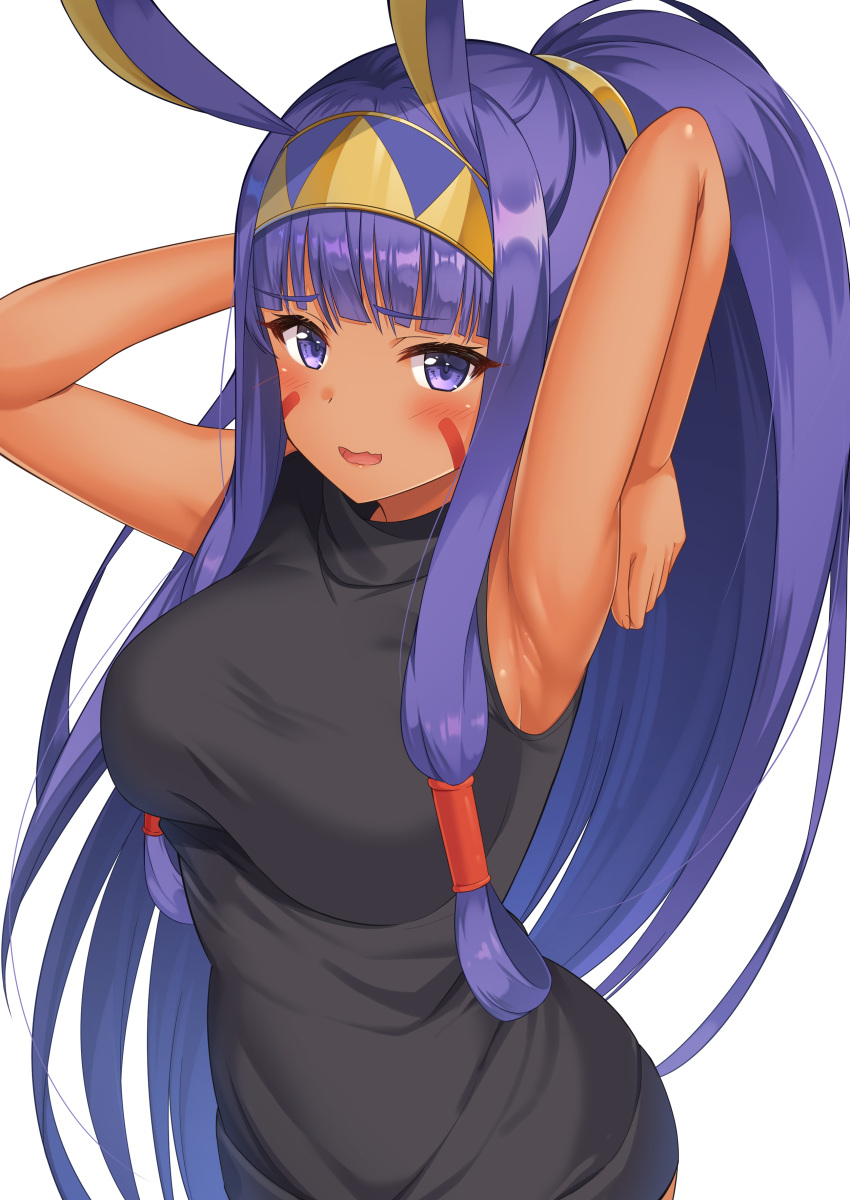 1girl absurdres animal_ears armpits arms_up bangs bare_shoulders blunt_bangs blush breasts dark_skin facepaint facial_mark fate/grand_order fate_(series) hair_tubes highres jackal_ears large_breasts long_hair looking_at_viewer nanasea74 nitocris_(fate/grand_order) open_mouth ponytail purple_hair sidelocks simple_background solo very_long_hair violet_eyes wavy_mouth white_background