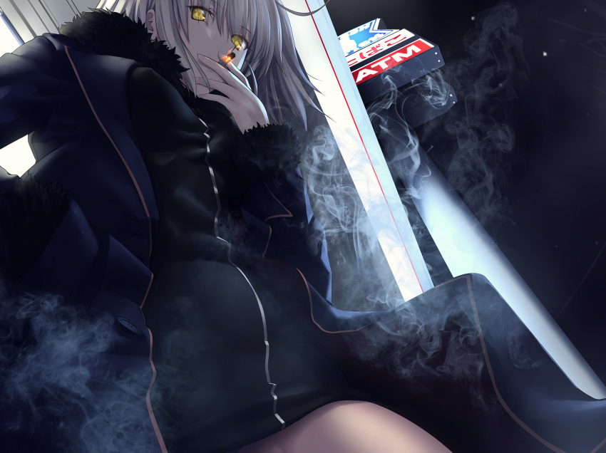 1girl ahoge bangs black_dress breasts cigarette coat dress eyebrows_visible_through_hair fate/apocrypha fate/grand_order fate_(series) fur-trimmed_coat fur_trim hand_in_pocket highres holding holding_cigarette jeanne_d'arc_(alter)_(fate) jeanne_d'arc_(fate)_(all) kawanakajima large_breasts looking_at_viewer night short_dress short_hair silver_hair smoke smoking solo storefront tsurime yellow_eyes