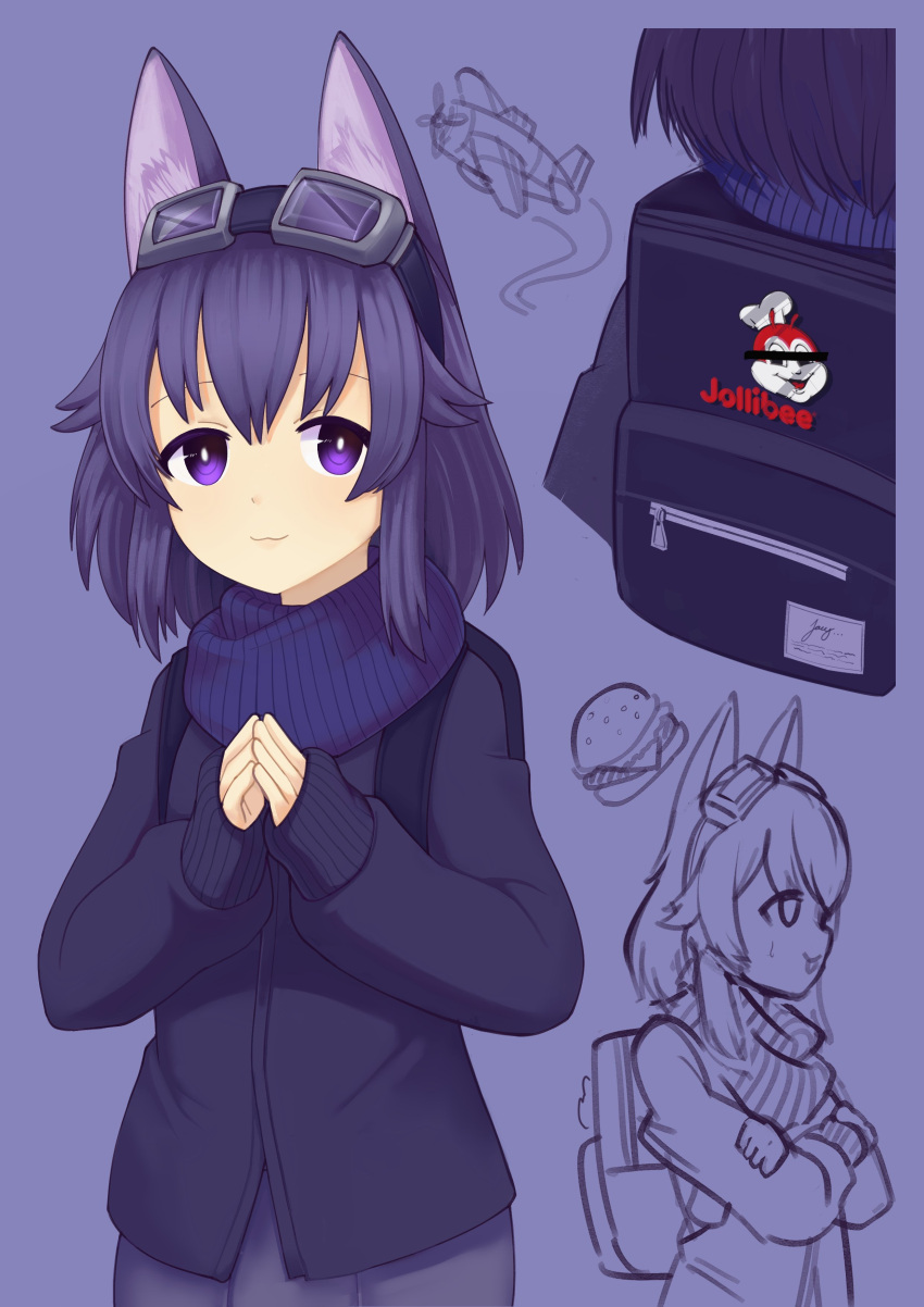 1girl :3 absurdres aircraft airplane animal_ears backpack bag bar_censor cat_ears censored closed_mouth eyebrows_visible_through_hair goggles goggles_on_head hands_together highres jacy jollibee jollibee_(mascot) long_sleeves looking_at_viewer original purple_background purple_hair scarf short_hair simple_background sleeves_past_wrists smile solo sweater violet_eyes