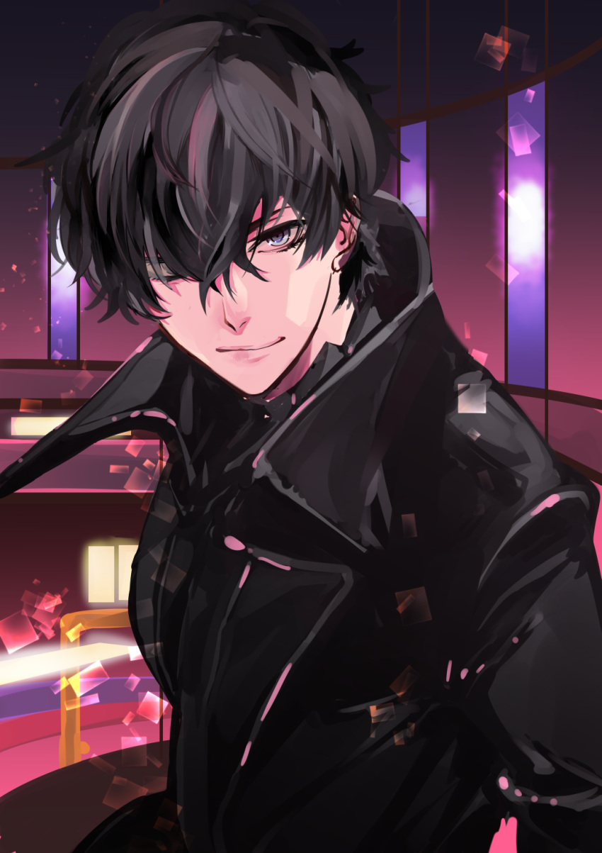 1boy amamiya_ren arukaraira black_coat blue_eyes green_hair hair_between_eyes highres indoors looking_at_viewer male_focus persona persona_5 short_hair smile solo upper_body