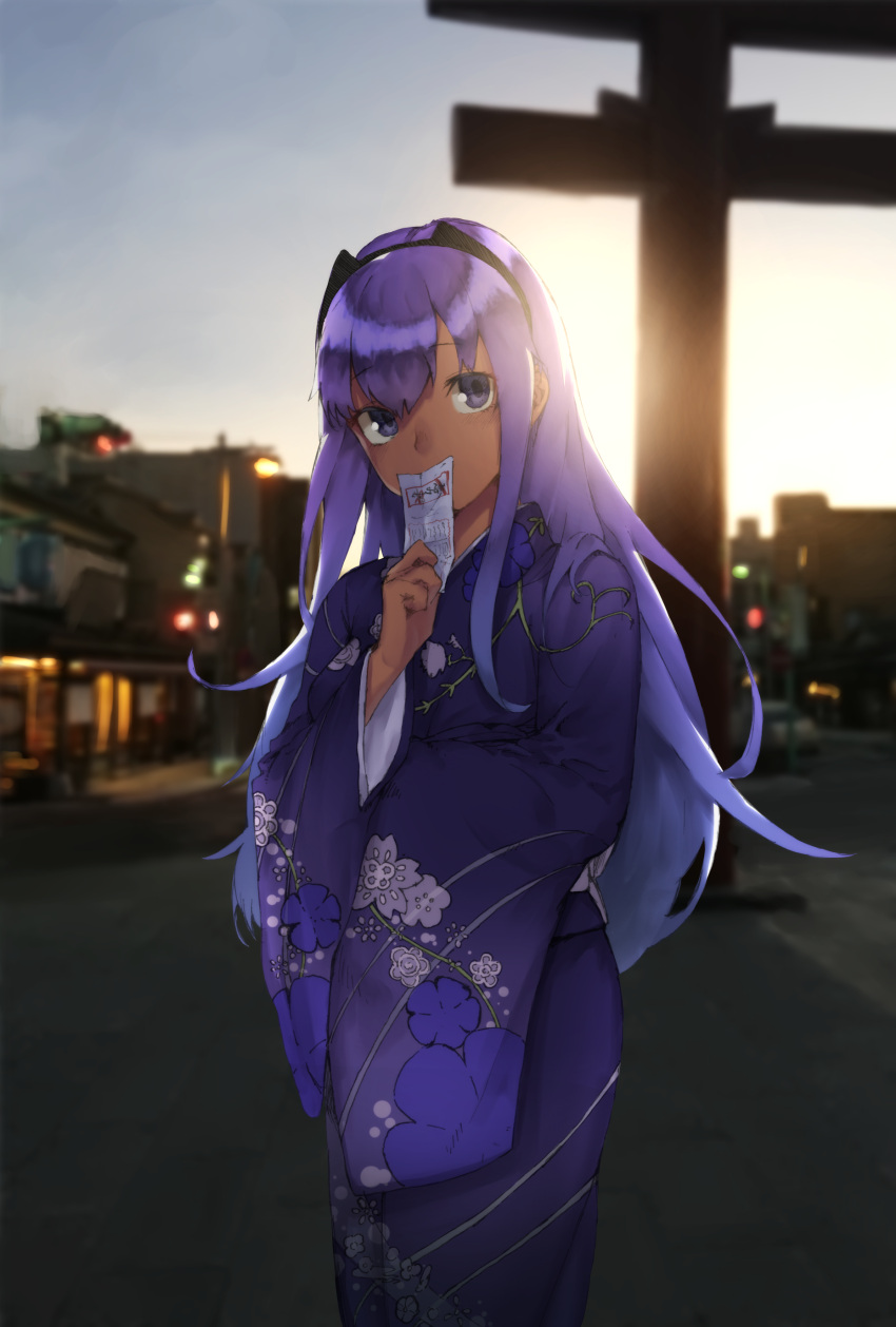 1girl absurdres alternate_costume alternate_hair_length alternate_hairstyle black_hairband city commentary_request covering_mouth dark_skin fate/grand_order fate/prototype fate/prototype:_fragments_of_blue_and_silver fate_(series) floral_print hairband hassan_of_serenity_(fate) hekonda_kan highres holding holding_paper japanese_clothes kimono long_hair paper print_kimono purple_hair purple_kimono sidelocks solo torii violet_eyes wide_sleeves