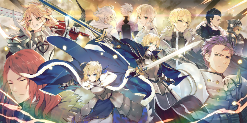 3girls 6+boys agravain_(fate/grand_order) armor armored_dress arthur_pendragon_(fate) artoria_pendragon_(all) bedivere black_hair blonde_hair blue_cape braided_bun cape character_request clarent closed_eyes closed_mouth everyone excalibur fate/apocrypha fate/extra fate/grand_order fate/prototype fate_(series) galahad_(fate) gareth_(fate/grand_order) gawain_(fate/extra) gloves green_eyes grin helmet highres holding holding_sword holding_weapon knights_of_the_round_table_(fate) lancelot_(fate/grand_order) long_hair messy_hair mordred_(fate) mordred_(fate)_(all) multiple_boys multiple_girls purple_hair redhead saber short_hair smile sword teddy_(khanshin) tristan_(fate/grand_order) weapon white_hair