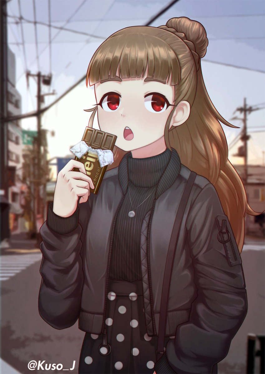 1girl artist_name black_skirt breasts brown_hair chocolate_bar coat day eyebrows food hand_in_pocket highres holding holding_food idolmaster idolmaster_cinderella_girls jacy jewelry kamiya_nao looking_at_viewer medium_breasts meiji_(brand) necklace open_mouth outdoors polka_dot_skirt red_eyes skirt solo sweater twitter_username
