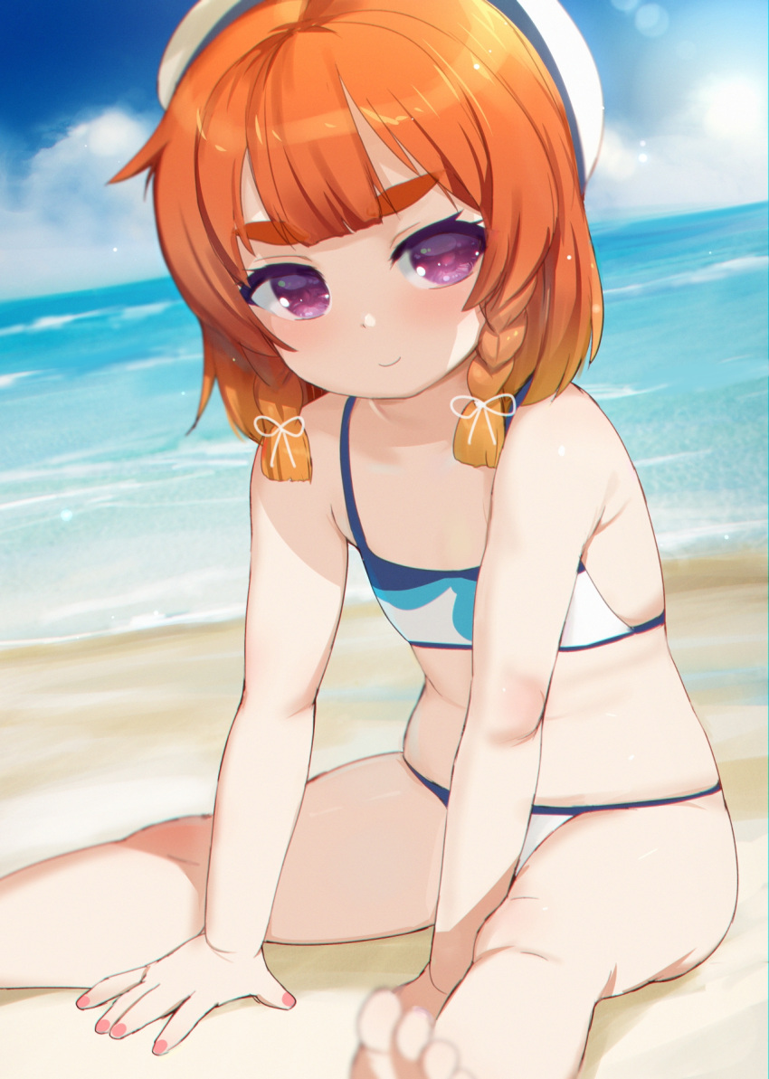 1girl alternate_costume bangs bare_shoulders beach bikini blue_sky blush bob_cut braid closed_mouth clouds commentary_request day etorofu_(kantai_collection) eyebrows_visible_through_hair flat_chest gradient_hair hair_between_eyes hair_ribbon hat highres kantai_collection kusaka_souji looking_at_viewer multicolored_hair navel ocean outdoors redhead ribbon sailor_hat sand short_hair side_braid sitting sky smile solo swimsuit thick_eyebrows tress_ribbon tsurime twin_braids violet_eyes water white_headwear