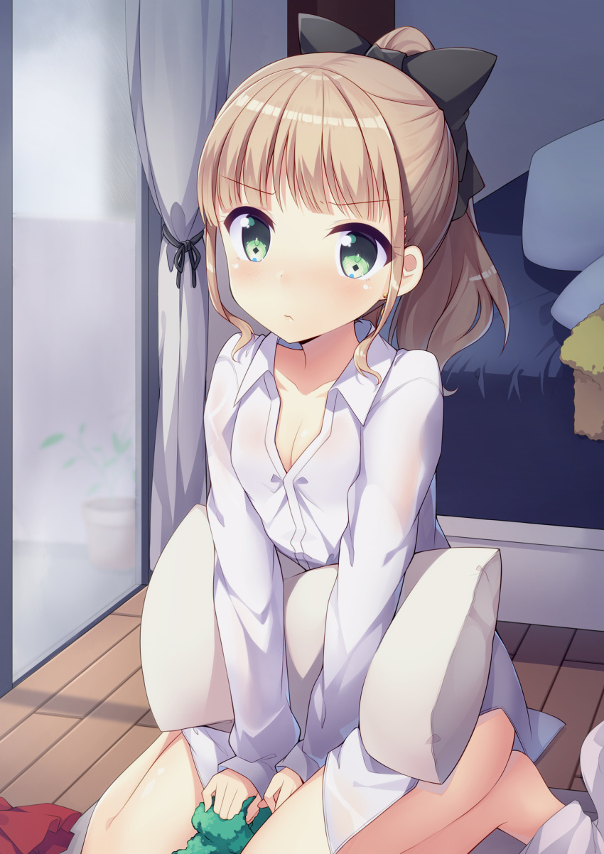 1girl amemiya_ruki barefoot bed between_legs black_bow blush bow closed_mouth collared_shirt commentary_request curtains dress_shirt green_eyes hair_bow hand_between_legs high_ponytail highres indoors light_brown_hair long_hair long_sleeves looking_at_viewer original pillow ponytail shirt sidelocks sitting sleeves_past_wrists solo wariza white_shirt window wooden_floor