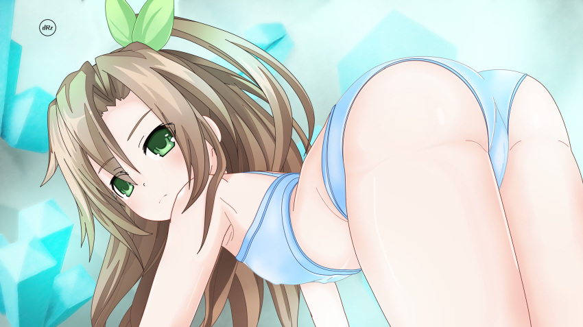 1girl ass bare_shoulders brown_hair covered_nipples dhipa expressionless flat_chest from_behind green_eyes hair_between_eyes hair_ornament highres if_(neptune_series) leaf_hair_ornament long_hair looking_at_viewer looking_back neptune_(series) solo underwear very_long_hair