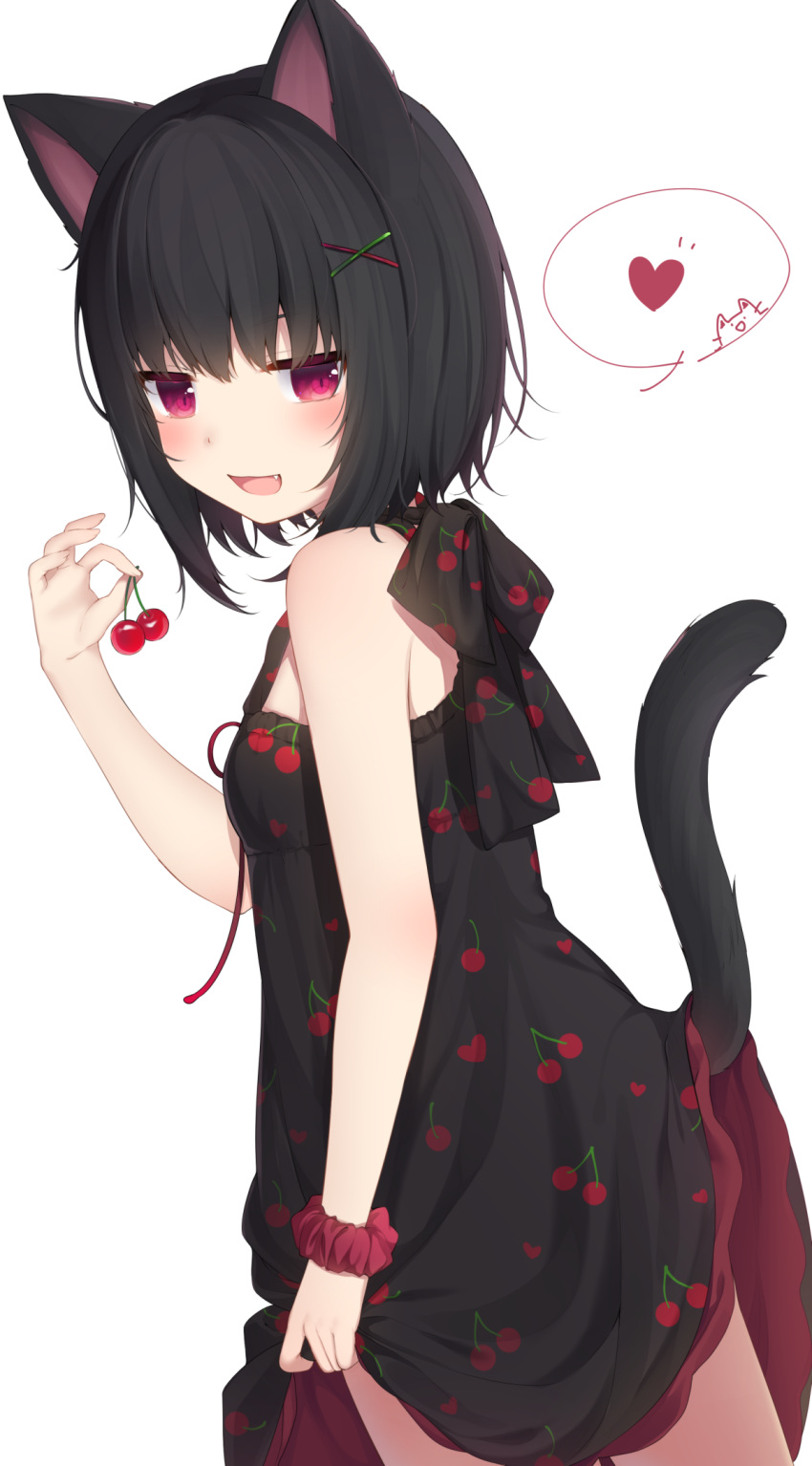 1girl :d amashiro_natsuki animal_ears bangs bare_arms bare_shoulders black_dress black_hair blush cat_ears cat_girl cat_tail cherry cherry_print commentary_request dress eyebrows_visible_through_hair fang food food_print fruit hair_between_eyes hair_ornament hairclip heart highres holding holding_food open_mouth original print_dress red_eyes red_scrunchie scrunchie simple_background smile solo spoken_heart tail tail_raised white_background wrist_scrunchie x_hair_ornament