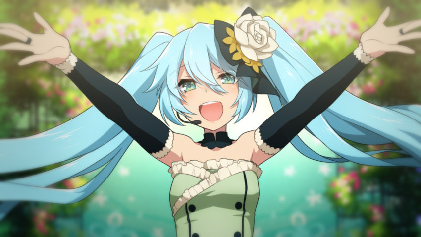 1girl alternate_costume aqua_dress aqua_eyes aqua_hair arms_up bare_shoulders blurry blurry_background bow commentary depth_of_field detached_collar detached_sleeves double-breasted dress flower flower_arch frilled_dress frilled_sleeves frills hair_bow hair_flower hair_ornament hatsune_miku headset jewelry long_hair looking_at_viewer matsuda_toki microphone outstretched_arms ring sleeveless sleeveless_dress smile solo star strapless strapless_dress tube_dress twintails upper_body very_long_hair vocaloid