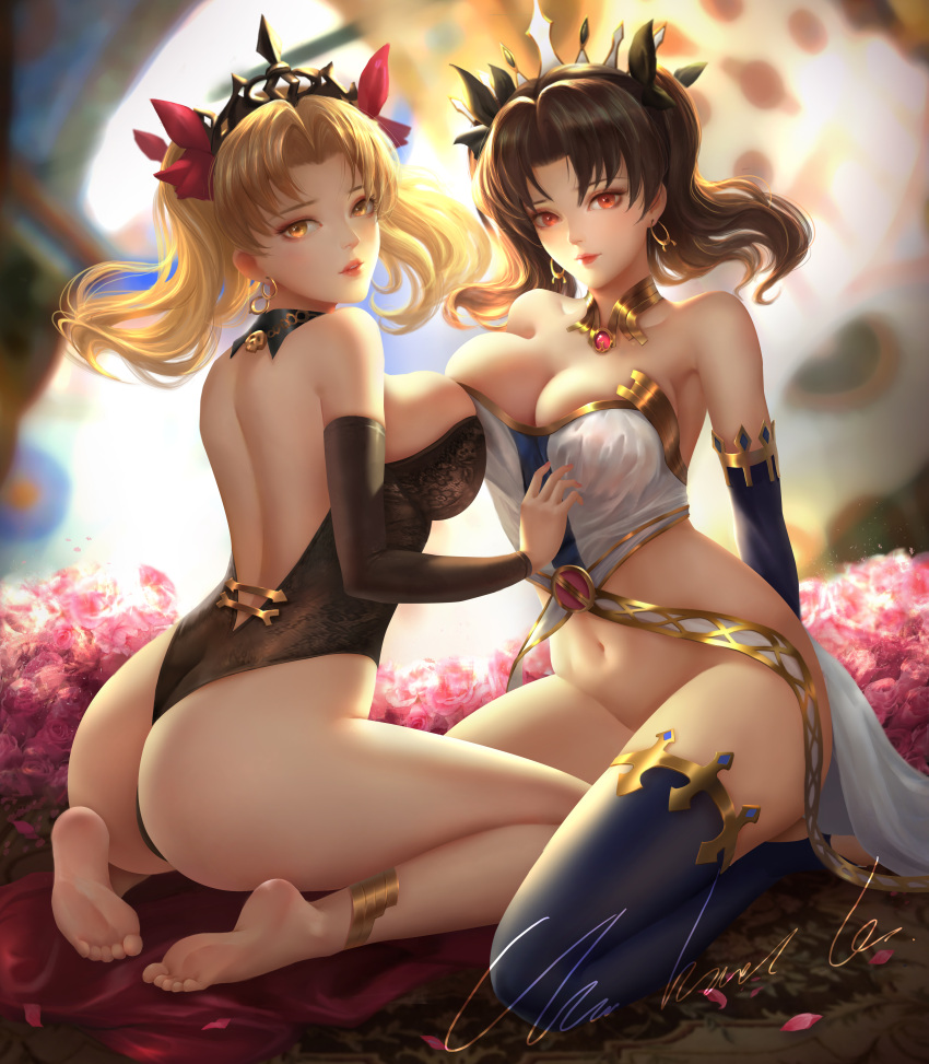 absurdres asymmetrical_legwear asymmetrical_sleeves bangs barefoot blonde_hair chunhui_lee commentary earrings elbow_gloves english_commentary ereshkigal_(fate/grand_order) fate/grand_order fate_(series) feet gloves highres hoop_earrings ishtar_(fate/grand_order) jewelry looking_at_viewer neck_ring parted_bangs red_eyes red_ribbon ribbon siblings single_elbow_glove single_thighhigh sisters sitting thigh-highs thighs
