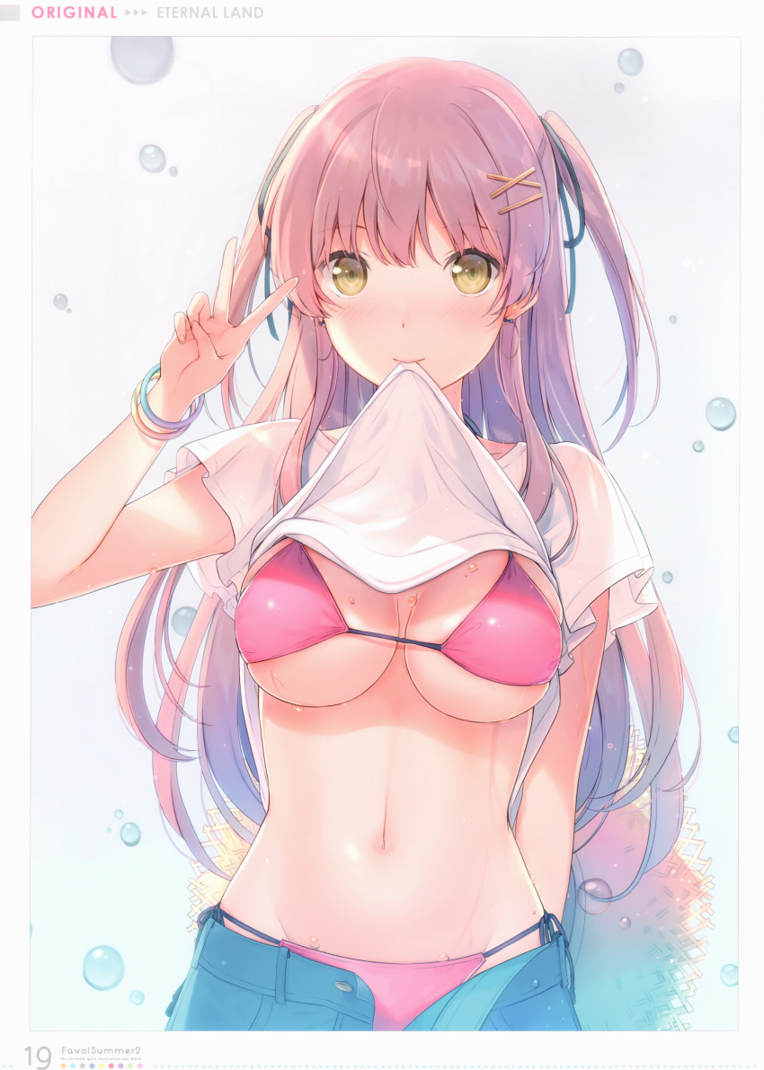 1girl 6u_(eternal_land) absurdres bangs bikini bikini_under_clothes breasts eyebrows_visible_through_hair hand_up hat highres holding long_hair looking_at_viewer mouth_hold navel original scan shiny shiny_hair shiny_skin short_sleeves side-tie_bikini simple_background solo stomach swimsuit v