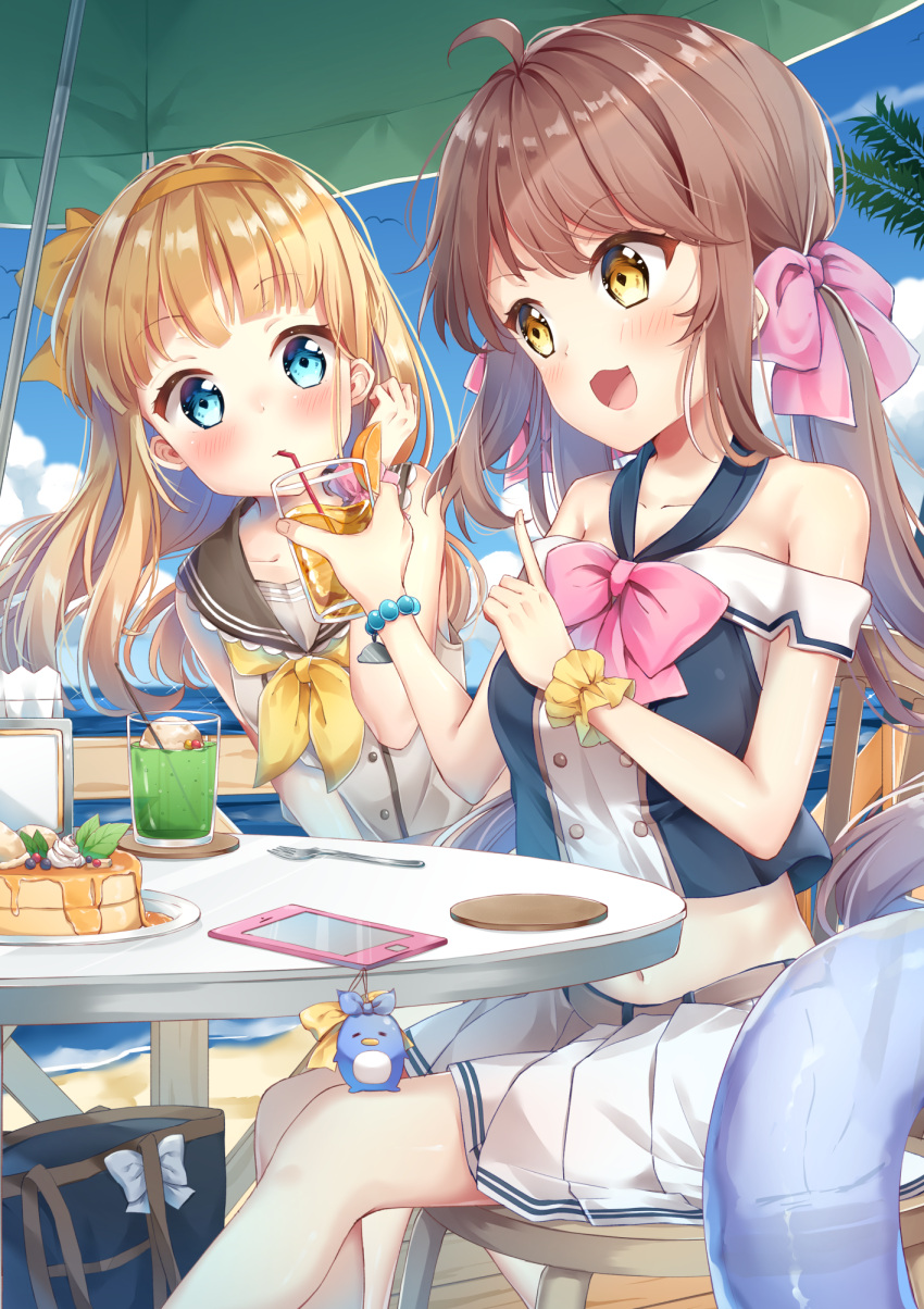 2girls :d ahoge bangs bare_shoulders beach beach_umbrella bead_bracelet beads belt bendy_straw blonde_hair blue_eyes blue_shirt blue_sky blush bow bracelet breasts brown_belt brown_bow brown_hair brown_hairband brown_sailor_collar cellphone chair closed_mouth clouds collarbone commentary_request cup day drink drinking drinking_glass drinking_straw eyebrows_visible_through_hair food fork hair_bow hair_tucking hairband highres holding holding_cup horizon ice_cream ice_cream_float index_finger_raised innertube jewelry long_hair low_twintails medium_breasts midriff multiple_girls navel neckerchief ocean on_chair open_mouth original outdoors pancake phone pink_bow pleated_skirt sailor_collar sand scrunchie shirt skirt sky sleeveless sleeveless_shirt smile stack_of_pancakes table torokeru_none twintails umbrella very_long_hair water white_shirt white_skirt wrist_scrunchie yellow_eyes yellow_neckwear yellow_scrunchie
