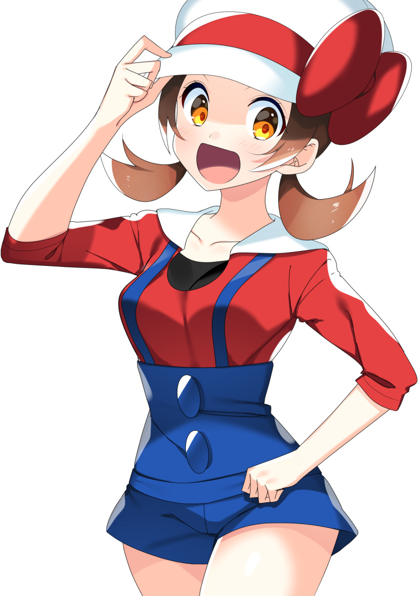 1girl :d absurdres blue_shorts bow breasts brown_hair collarbone cowboy_shot hat hat_bow highres kotone_(pokemon) looking_at_viewer medium_breasts open_mouth pokemon pokemon_(game) pokemon_hgss red_bow red_shirt sailor_collar shirt short_hair short_shorts shorts simple_background sleeves_rolled_up smile solo standing suspender_shorts suspenders twintails white_background white_headwear white_sailor_collar yellow_eyes yuihiko