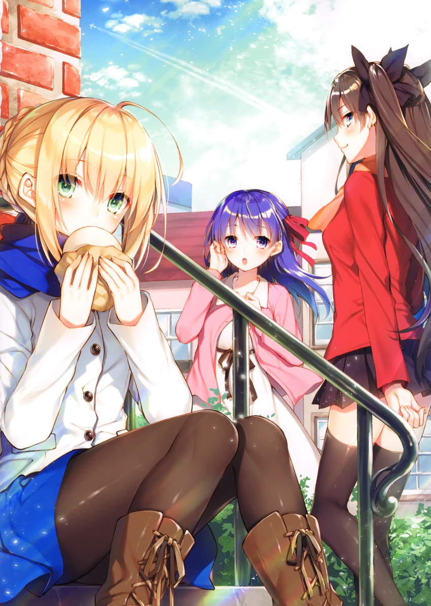 3girls :o absurdres ahoge arm_at_side artoria_pendragon_(all) bangs black_bow black_hair black_legwear black_skirt blue_eyes blue_scarf blue_skirt blush boots bow braid cardigan condensation_trail day dress eating eyebrows_visible_through_hair fate/stay_night fate_(series) food french_braid green_eyes hair_bow hair_bun hair_ribbon hand_in_hair hand_up highres holding holding_food knee_boots knees_together_feet_apart light_rays long_hair looking_at_viewer matou_sakura miniskirt multiple_girls open_cardigan open_clothes outdoors pantyhose pleated_skirt purple_hair purple_ribbon railing red_sweater ribbon saber scan scarf sidelocks sitting skirt stairs standing sunbeam sunlight sweater thigh-highs tohsaka_rin toosaka_asagi toosaka_rin two_side_up violet_eyes white_dress wind wind_lift zettai_ryouiki