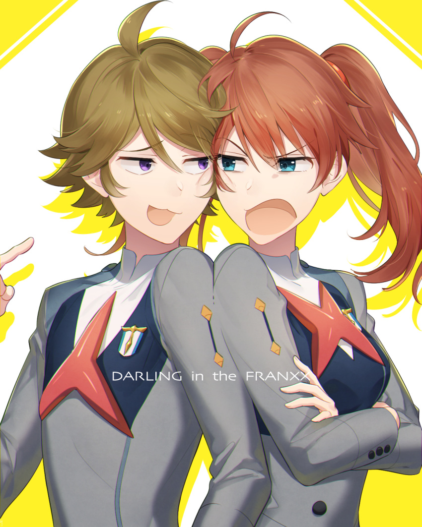 1boy 1girl ahoge arguing blue_eyes brown_hair copyright_name crossed_arms darling_in_the_franxx floating_hair hair_between_eyes highres long_hair long_sleeves miku_(darling_in_the_franxx) miyamotokannn open_mouth twintails upper_body v-shaped_eyebrows violet_eyes zorome_(darling_in_the_franxx)