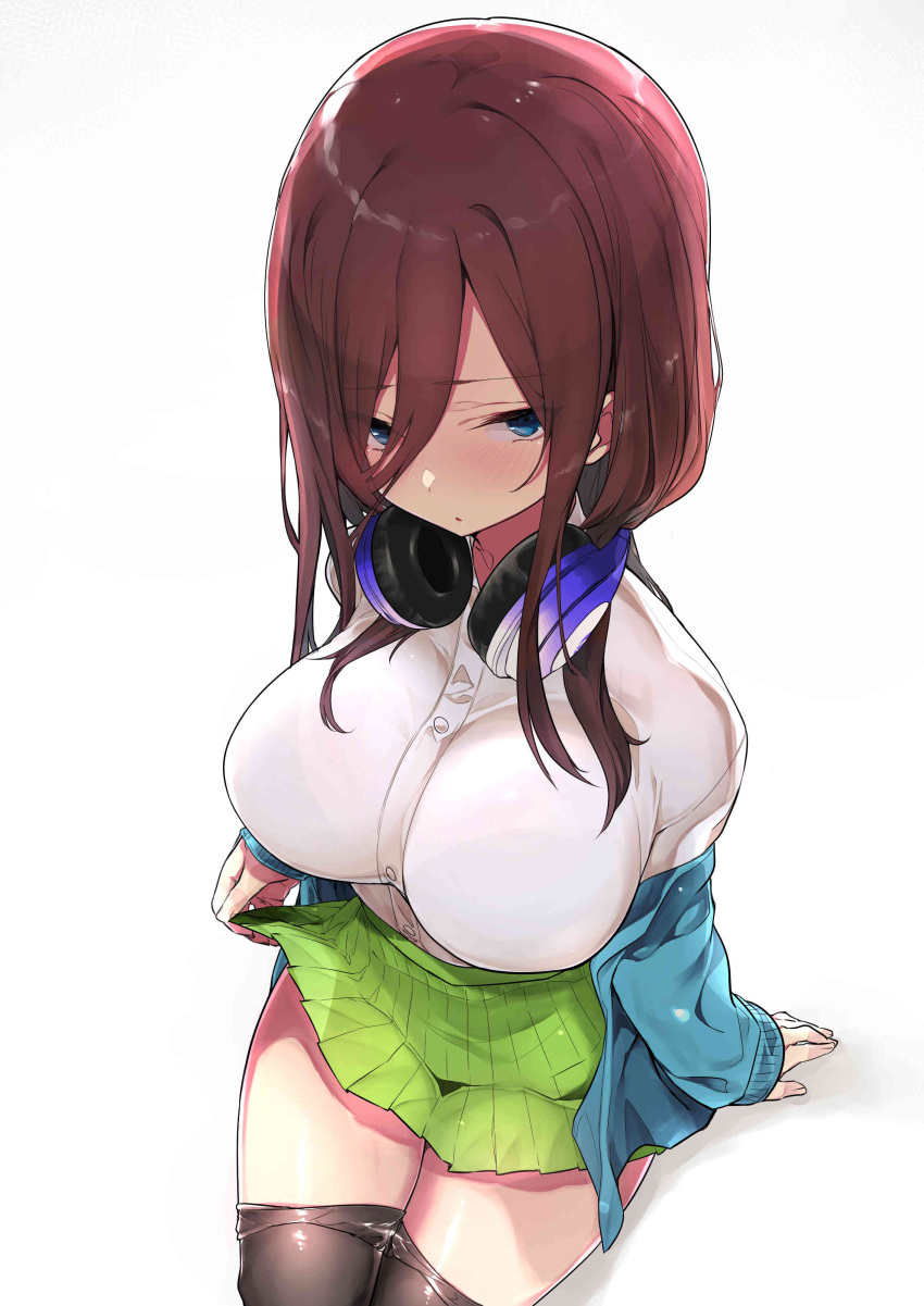 1girl :o absurdres arm_support asymmetrical_bangs bangs blue_cardigan blue_eyes blush bra_through_clothes breasts brown_hair cardigan cardigan_removed collared_shirt eyebrows_visible_through_hair go-toubun_no_hanayome green_skirt hair_over_breasts half-closed_eyes headphones headphones_around_neck highres large_breasts lifted_by_self light_frown long_hair long_sleeves looking_at_viewer looking_up mitsudoue nakano_miku nose_blush off_shoulder pantyhose pantyhose_pull parted_lips pleated_skirt school_uniform see-through shirt sidelocks simple_background sitting skirt skirt_lift solo white_background white_shirt