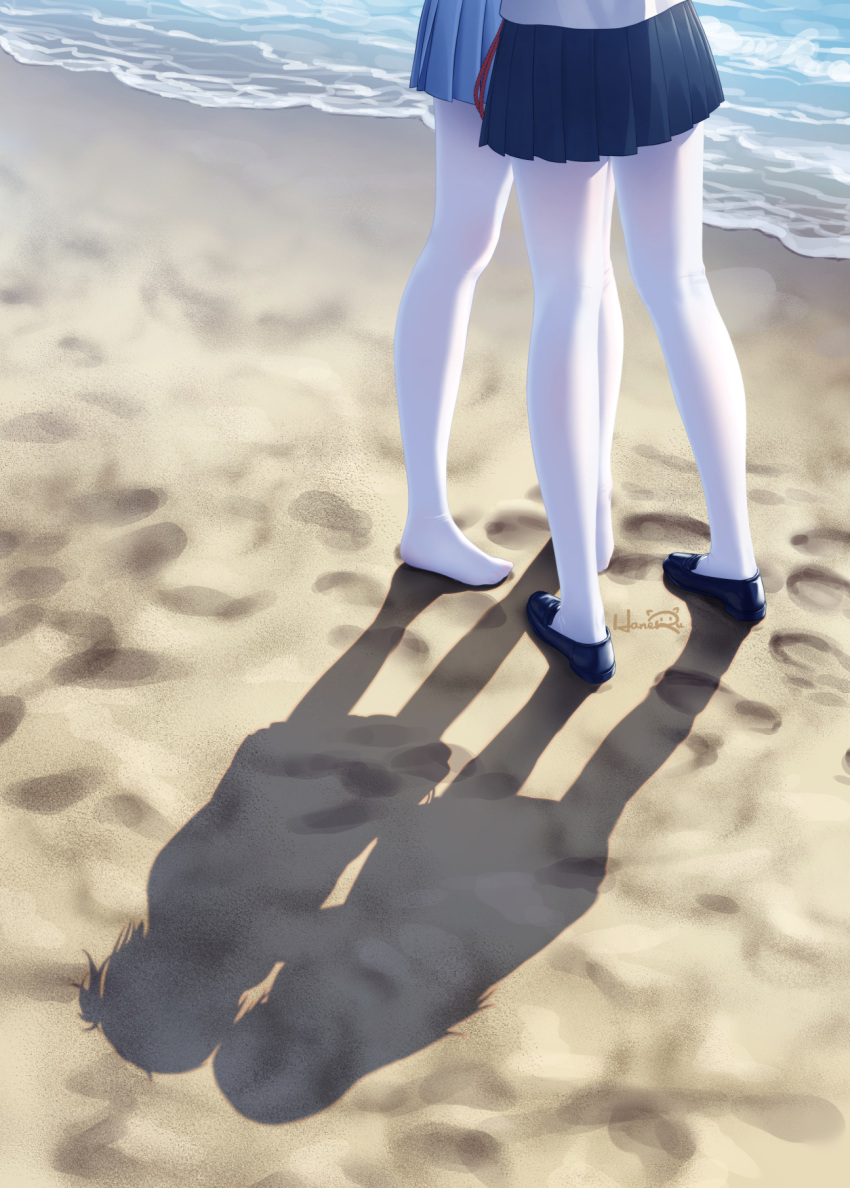 2girls artist_name beach black_footwear black_skirt blue_skirt commentary_request day haneru highres loafers lower_body miniskirt multiple_girls no_shoes ocean open_mouth original panties pantyhose rope sand shade shoes sign skirt standing sunlight underwear water white_legwear